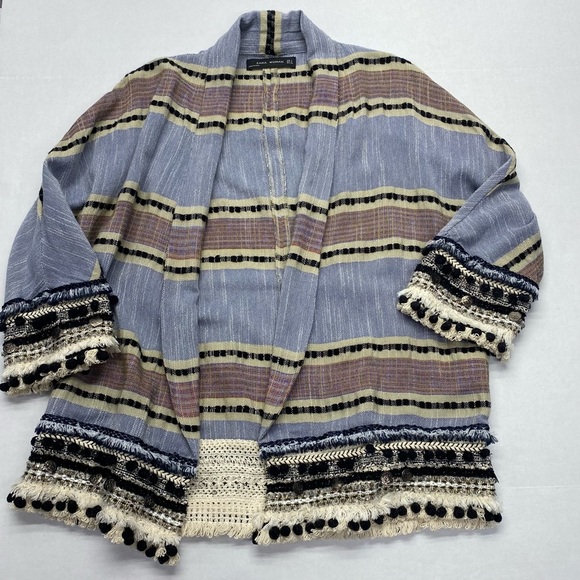 ZARA BOHO OPEN FRONT CARDIGAN POM POM FRINGE WOMENS SMALL BOHEMIAN - Picture 11 of 12